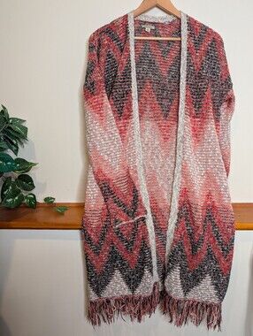 Lucky Brand Aztec Fringe Duster Cardigan Sweater Open Front Red Black M